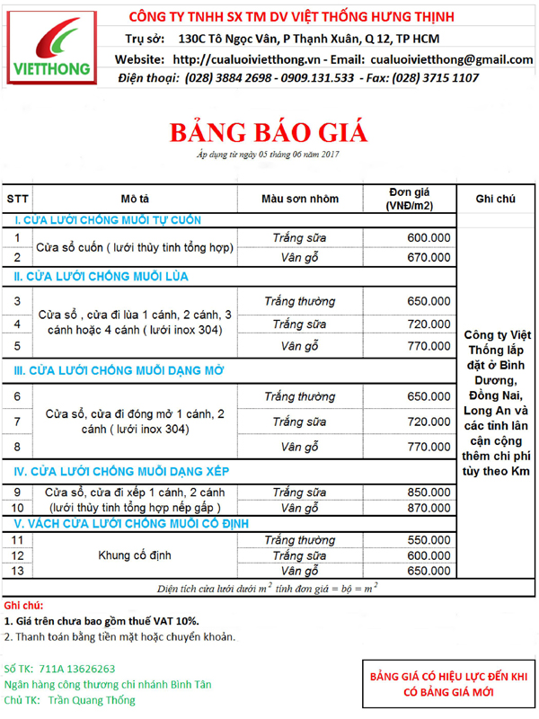bảng báo giá cửa lưới quận 2 cho khách hàng của Việt Thống